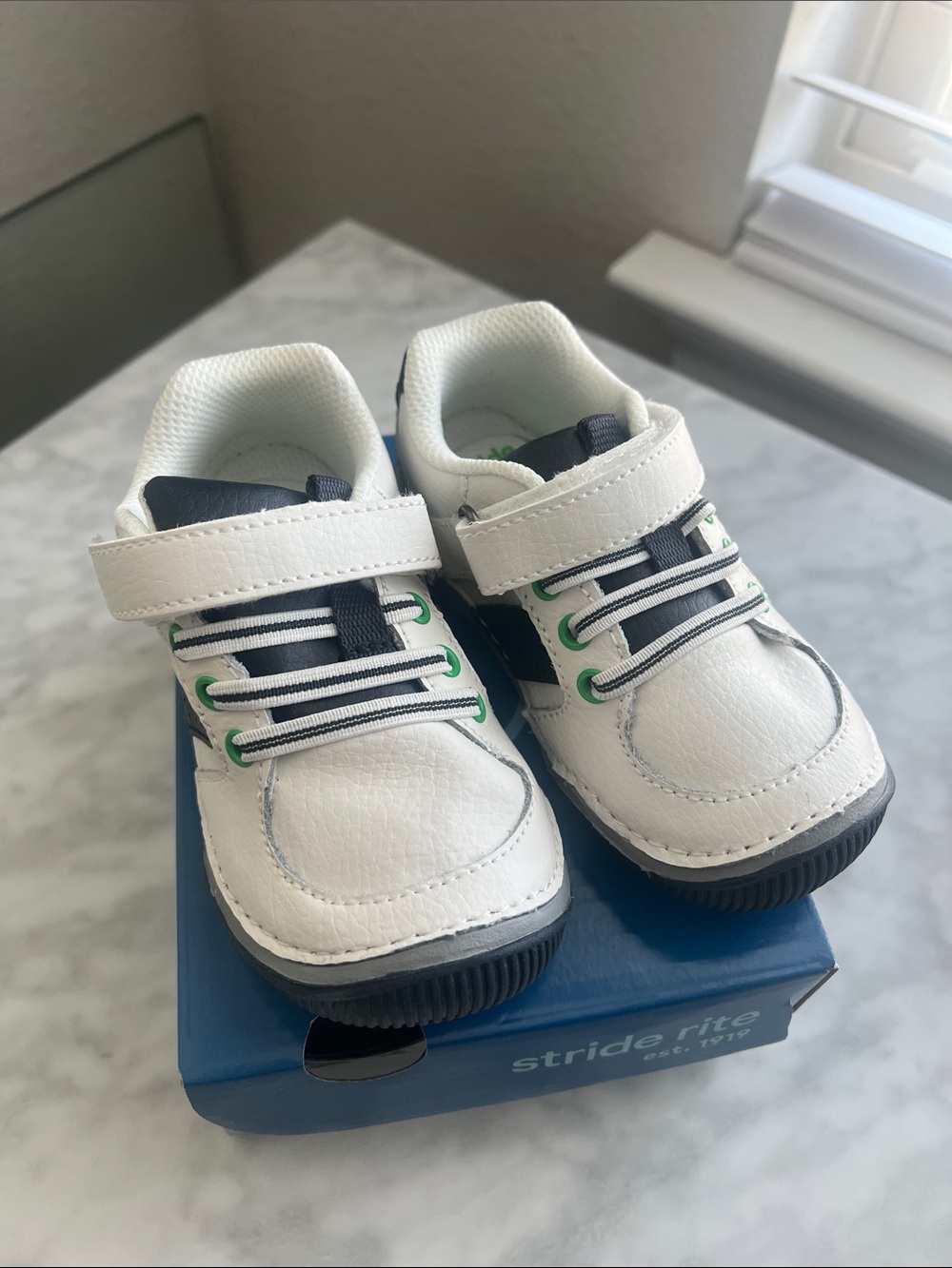 Stride Rite White & Navy Toddler Velcro Sneakers